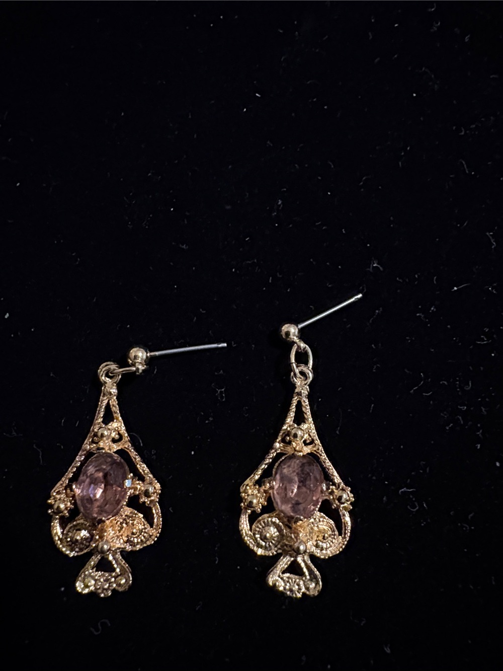 Source Unknown Gold Filigree Earrings with Lavender Stones